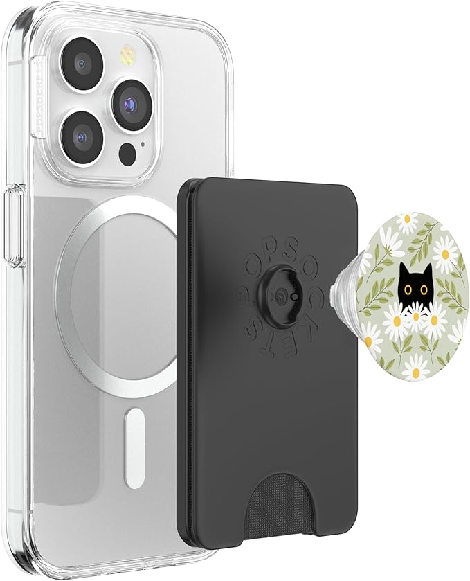 Cute Daisy Flower Floral Black Cat Sage Green Women Girls PopSockets PopWallet for MagSafe