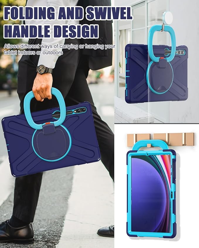 BRAECN Case for 12.4” Samsung Galaxy Tab S10+/ S9 FE+/ S9+/ S8+/ S7 FE/S7+ Plus Rugged Silicone Cover w/S Pen Holder Screen Protector Handle Grip/Kickstand Shoulder Strap Navy Blue