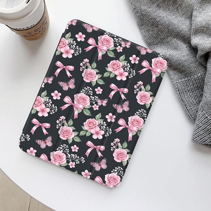 Spring Garden Butterfly Bow Case for iPad Air 13 Inch M3 2025/M2 2024[Pencil Holder+Auto Sleep/Wake]Slim Trifold Stand Protective Cover with Soft TPU BackBlack