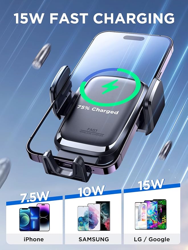 Wireless Car Charger 15W Qi Fast Charging Auto Clamping Car Charger Phone Holder Mount JOYROOM Cell Phone Holder Car Mount for iPhone 16 15 14 13 Pro Max Xs Galaxy S24 Ultra LG Google