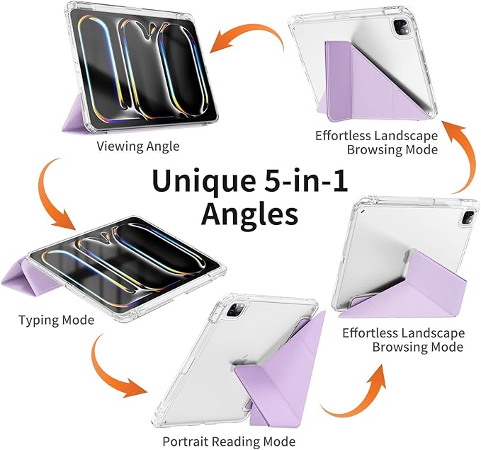 kenke Case for iPad Air 13 Inch (M3 2025/M2 2024) iPad Pro 12.9 Inch 6th/5th Generation (2022/2021) with Pencil Holder Y Folding Stand Cover with Hard Clear PC Back Support Touch ID Light Purple