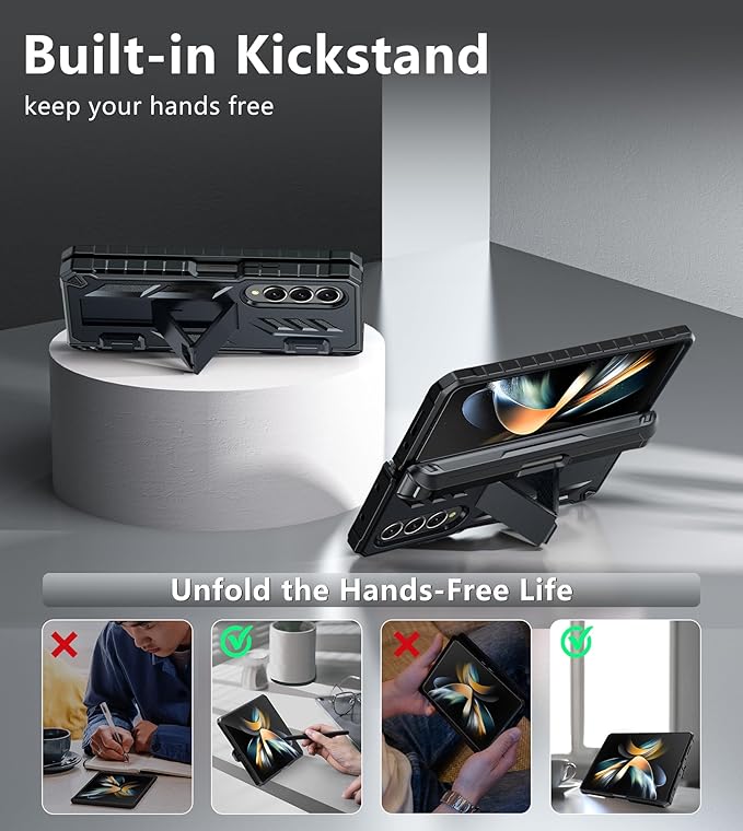for Samsung Galaxy Z-Fold-4 Case: Military Grade Hinge Protection S-Pen Holder Heavy Duty Shockproof 360 Full-Body Protective Phone Cover with Kickstand for Galaxy ZFold 4 5G 2022 (Black)