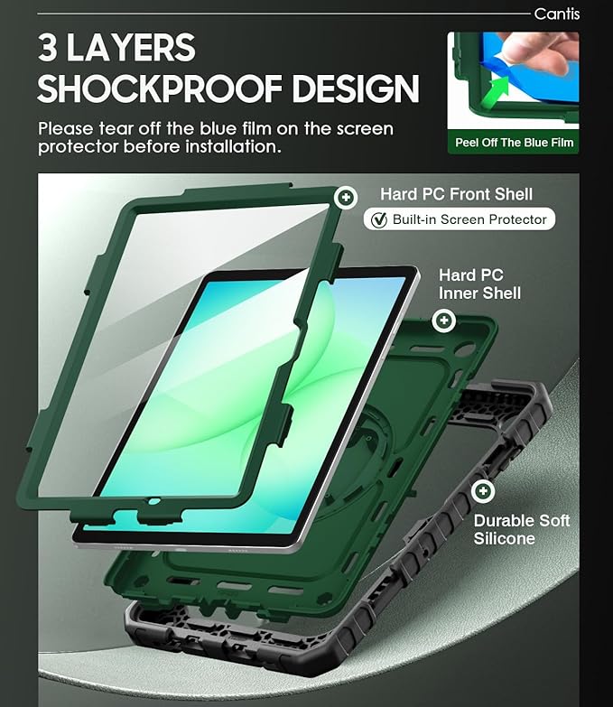 Cantis Case for Samsung Galaxy Tab A11 Plus 11 Inch 2026 (SM-X230/X236/X238) Shockproof Case for Tab A11+ with Screen Protector/Rotating Stand/Pen Holder/Shoulder Strap Black+AlpineGreen