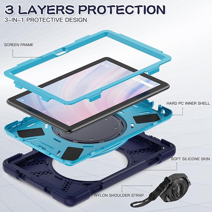 All-New Fire HD 10 &amp Fire HD 10 Kids Pro Tablet Case (13th Gen 2023 Release)Heavy Sturdy Shockproof Kids CaseRotating Stand/Carrying Strap (Navy Blue+Blue)