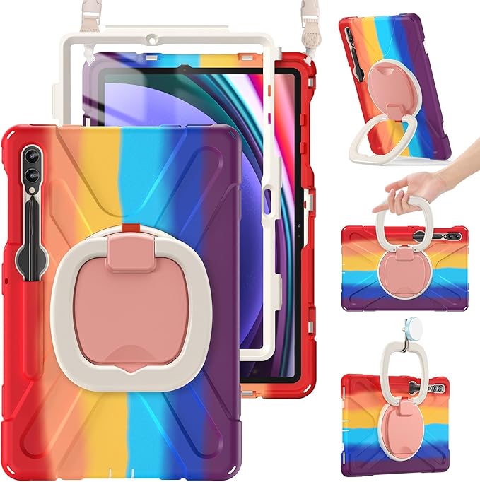 BRAECN Case for Samsung Galaxy Tab S10+/S9 FE+/S9+ 12.4” SM-X820/X610 Heavy Duty Silicone Cover w/Screen Protector/S Pen Holder/Kickstand/Shoulder Strap for Galaxy Tab S8+/S7 FE/S7+ Colorful Red
