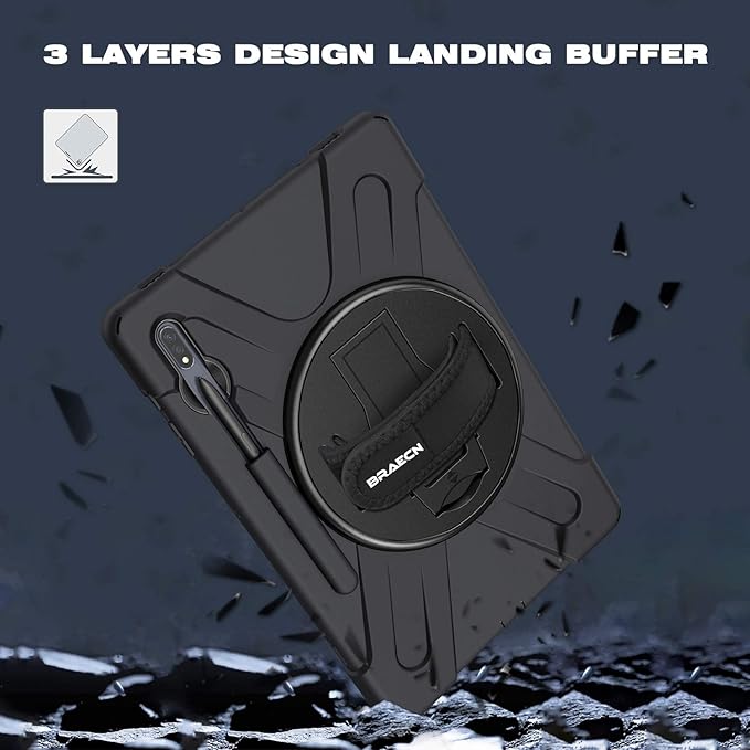 BRAECN for Samsung Galaxy Tab S10 Plus Case 2024/S9 Plus/S9 FE+/S8 Plus/S7 Plus /S7 FE 12.4 InchHeavy Duty Shockproof Case with S Pen Holder&amp360 Rotating Hand Strap/Kickstand Shoulder StrapBlack