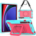 Case for Galaxy Tab S9 FE+/Tab S9+ 12.4 inch Rugged Armor Heavy Duty Hybrid Cover with Adjustable Stand and Handle for Tab S9 Plus 12.4 with Shoulder Strap and S Pen Holder (Teal/Pink)