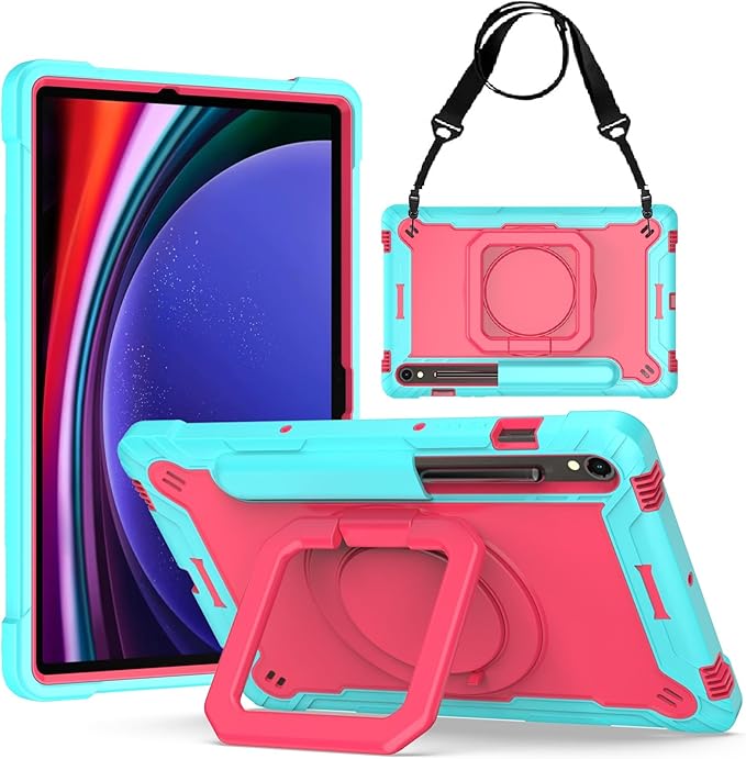 Case for Galaxy Tab S9 FE+/Tab S9+ 12.4 inch Rugged Armor Heavy Duty Hybrid Cover with Adjustable Stand and Handle for Tab S9 Plus 12.4 with Shoulder Strap and S Pen Holder (Teal/Pink)