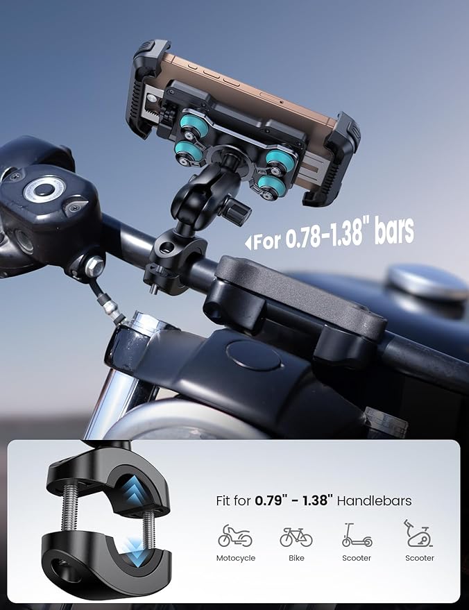 Lamicall Motorcycle Phone Mount Holder - [Dual Vibration Dampener] [Metal Adjustment Arm] Motorcycle Cell Phone Holder Bike Handlebar Phone Mount for iPhone 16 15 14 Pro Max 4.7-6.7 Phones Blue
