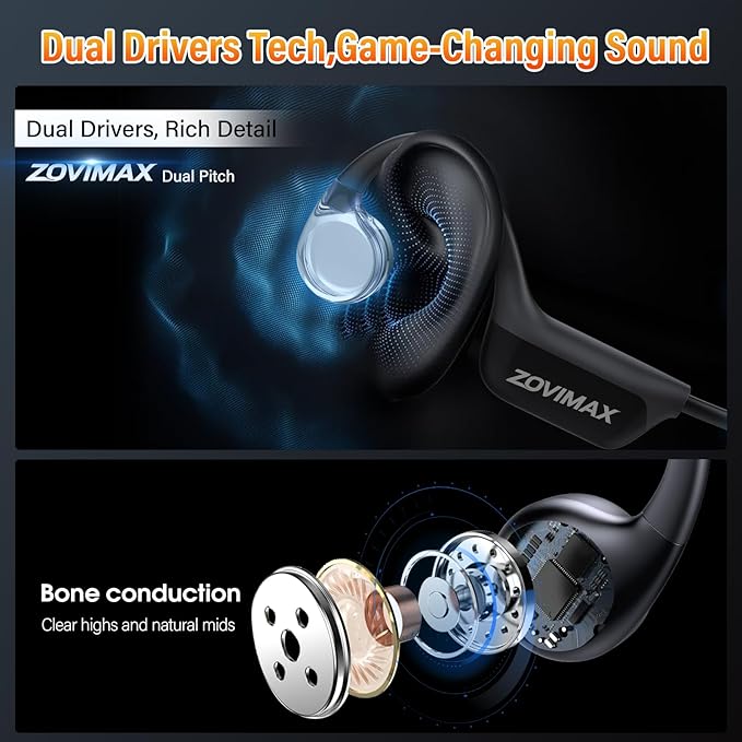 Bone Conduction Headphones Bluetooth 6.0 Earbuds Open Ear Headphones with Dual Driver Sound LED Display IP67 for Sport / running Dual Device Connection &amp Low-Latency Game Mode12 Hours Playtim