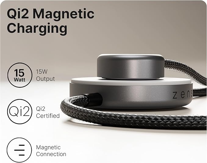 Zens Charging Cable Pro 2 – Qi2 Magnetic Wireless Phone Charger up to 15 W for iPhone 17/16/15/14/13/12 Apple Watch Fast Charge USB-C to USB-C Aluminium Housing 3.3 ft Cable
