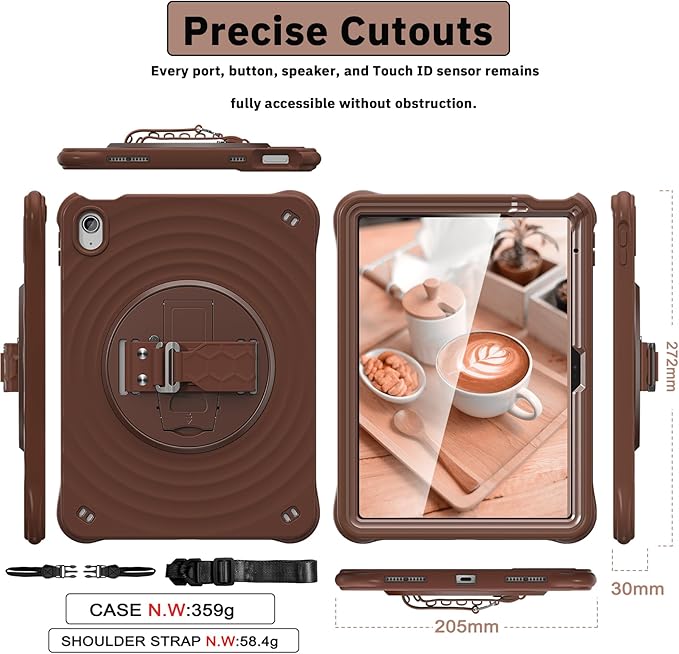 Case for iPad A16 11-inch (2025) &amp iPad 10th Gen 10.9-inch (2022) HD Screen Protector Strong Military-Grade Full-Body Shockproof Protection 360° Rotating Handle Strap &amp Shoulder Strap Choc