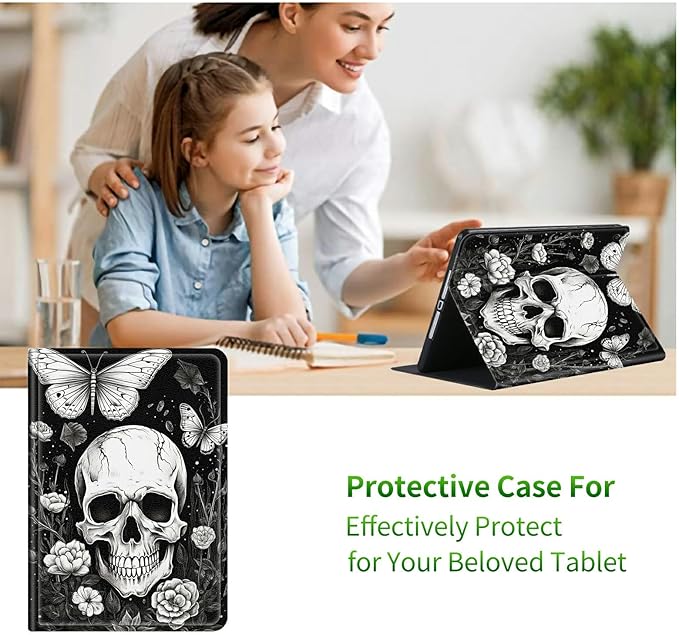 for Amazon Fire HD 10 (9th/7th/5th Generation 2019/2017/2015 Release) Tablet Case Multi-Angle Viewing Shockproof Smart Protective Case for Kindle Fire HD 10.1 Inch Butterfly Skull