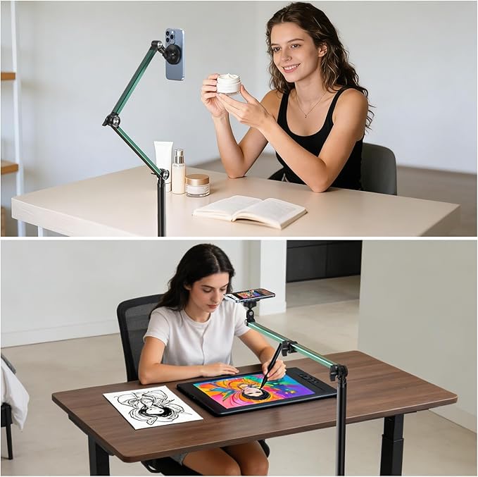Magnetic Overhead Phone Mount Cell Phone Stand for Video Recording 360 Degrees Swivel Tilt Adjustable Floor Camera Filming Tripod. Content Creator Phone Holder for iPhone/Android (L11-CX)