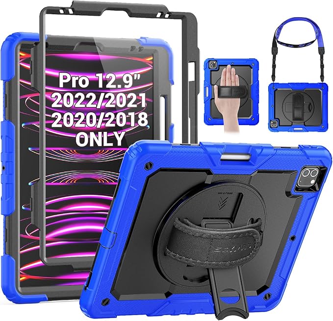 SEYMAC Case for iPad Pro 12.9 2022/2021/ 2020/2018 Heavy Duty Protection Shockproof Case with Screen Protector 360° Rotating Stand/Handle/Shoulder Strap Supports Pencil 2 Charging Blue