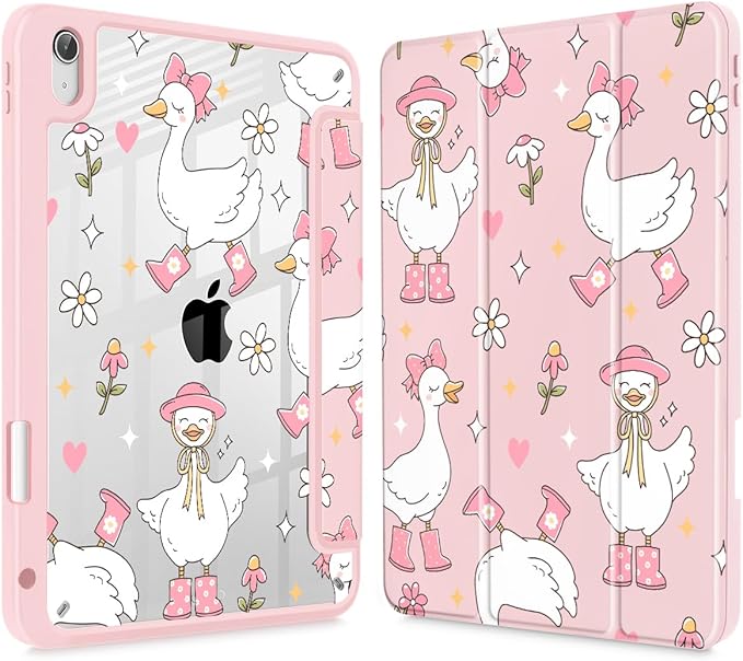 May Chen Case for iPad Air 13 Inch M4 2026 M3 2025 M2 2024 [Built-in Pencil Holder] Shockproof Cover with Clear Transparent Back Shell Auto Sleep/Wake Cover Cute Goose Spring