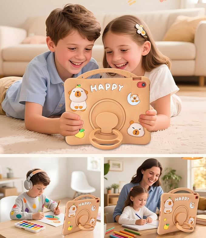 Capybara Kids Case for iPad (A16) 11th Generation 11 inch 2025 / iPad 10th Gen 10.9 2022-3D Cute Silicone Cover for Girls with 360° Rotating Stand Adjustable Strap Pencil Holder-Brown