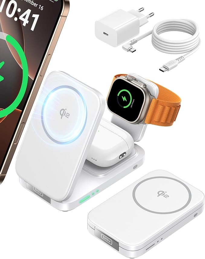 INIU Foldable Magnetic Wireless Charger Qi2 Certified 3-in-1 Travel Charging Station with 15W Fast Charge - Compatible with Mag-Safe for iPhone 17/16/15 Series Apple Watch AirPods (White)
