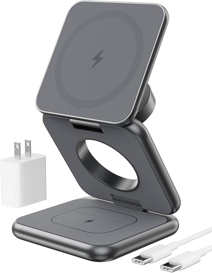 Foldable Magnetic Wireless Charger KU XIU X40 Aluminum Alloy 3 in 1 Charging Station for Apple Fast Magnetic Charger Stand for iPhone 17 16 15 14 13 12 Series 5W for iWatch AirPods 3/2/Pro Gray