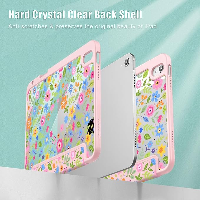May Chen Case for iPad Air 13 Inch M4 2026 M3 2025 M2 2024 [Built-in Pencil Holder] Shockproof Cover with Clear Transparent Back Shell Auto Sleep/Wake Cover Small Flowers