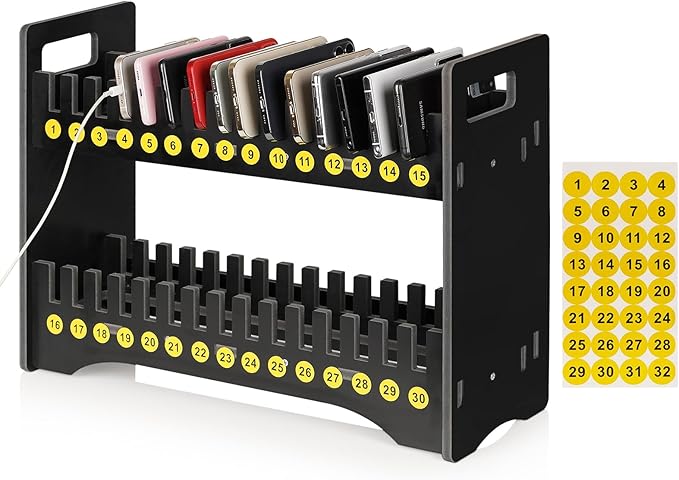 Cell Phone Holder Classroom Cell Phone Storage 2-Tier Multiple Cell Phone Stand Rack with 1-30 Number Stickers PVC Board Mobile Phone Holder Desktop Organizer for Classroom (Black 30 Slots)