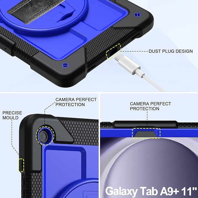 BMOUO for Samsung Galaxy Tab A9+ Plus Case 11 2023 (SM-X210/X216/X218) Shockproof Galaxy Tab A9 Plus Case with Rotating Stand and Hand/Shoulder Strap Deep Blue and Black