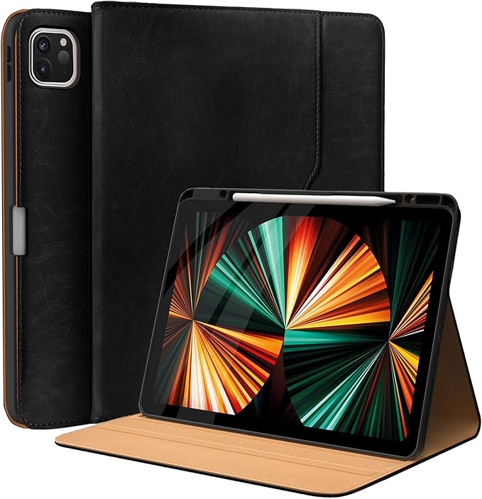 Leather Cases for IPad Pro 12.9 Case 6th/5th/4th/3rd Generation - Protective Multi-Angle Folio with Pencil Holder &amp Pocket - Auto Wake/Sleep Premium PU Leather Cover - Black