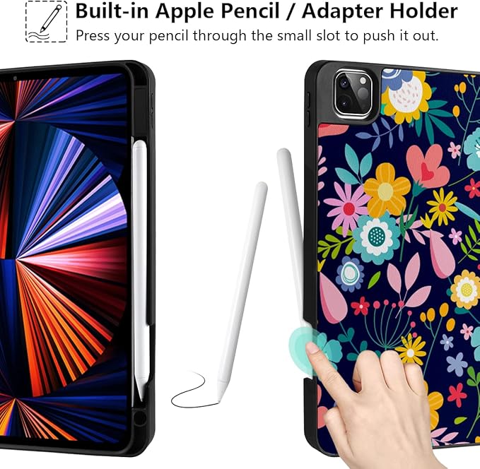 DONGKE Case for iPad Pro 11 inch (4th 3rd 2nd &amp 1st Gen) 2022 2021 2020 2018 Trifold Stand + Pencil Holder + Auto Wake/Sleep + Soft TPU Protective Stand Back Cover Florals