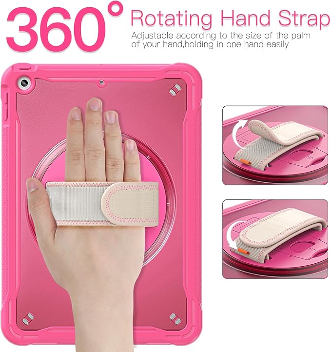 BRAECNstock for iPad 9th/ 8th/ 7th Generation Case 10.2 2021/2020/2019Shockproof Cover with 360° Rotating Hand Strap/StandScreen ProtectorCarrying Shoulder StrapPencil Holder(Rose Red)