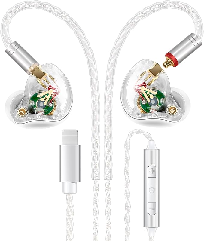 Vibes 202ML Wired Earbuds - HiFi in Ear Headphones for iPhone 5–14 Noise Isolating Ear Buds w/ Mic - Clear Sound Deep Bass Comfort-Fit Earphones - MMCX–LTN Silver Plated Cord Carrying Case