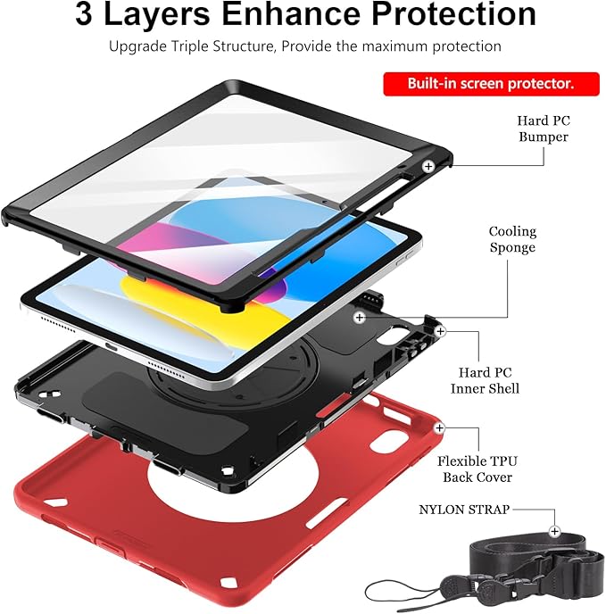 Case for iPad (A16) 11th/10th Generation Case: Protective Cover for iPad 11th Gen 11 Inch 2025 &amp10th Gen 10.9 2022 with Screen Protector- Stand- Shoulder Strap- Handle- Pencil Holder-Red