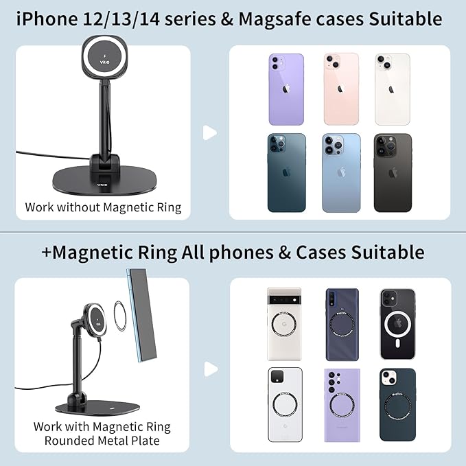 VRIG Magnetic Desk Phone Stand for Office/Home 360°Rotation Wireless Charger Phone Holder with Magnetic Ring Height&ampTilt Adjustable Cell Phone Stand for iPhone 16 15 14 13 12 and More/Android
