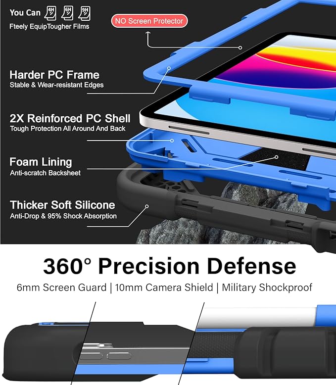 JKSML Case for iPad (A16) 11th/10th Gen | 360° Rugged Rotating Stand | Pencil Holder | Adjustable Shoulder Strap | Heavy Duty Drop Protective Cover for iPad 10.9 (2022)/ 11 (2025) - Blue Black-z