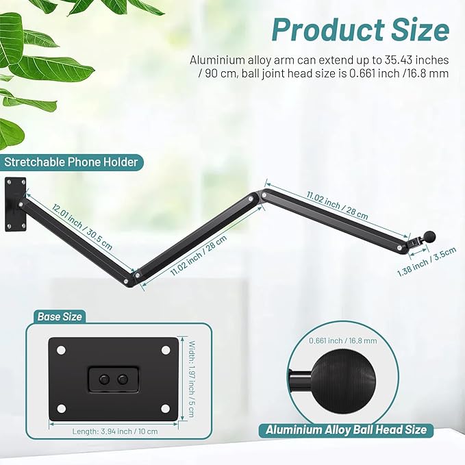 Wall Mount Phone HolderPhone Holder for Desk Bed3-Stage Aluminium iPhone StandFoldable Extendable Arms Heavy Duty Drilling BaseCompatible with 3.5~7.5 iPhone/HTC/LG/Huawei/Galaxy/Smartphones