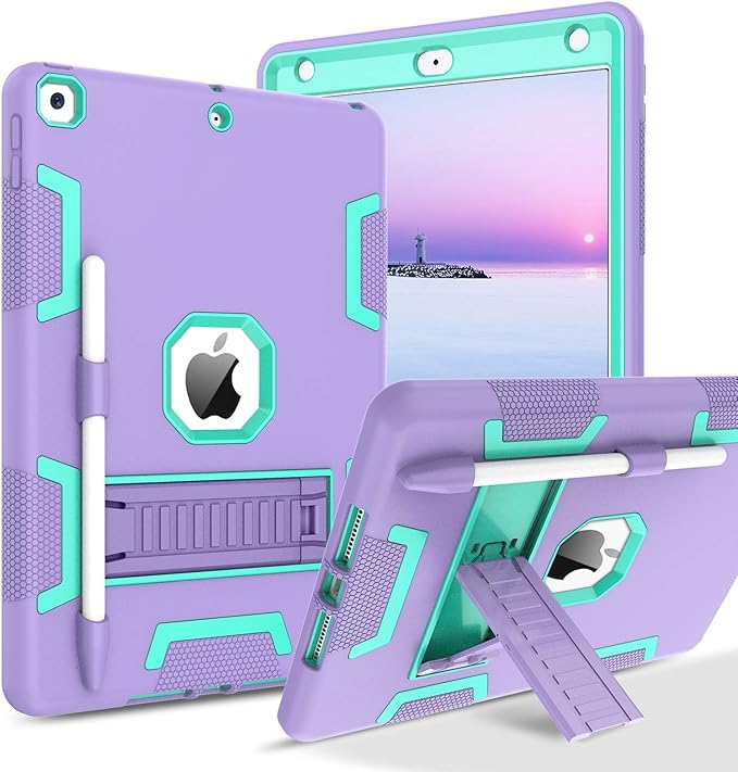 BENTOBEN for iPad 9th Generation Case iPad 8th Generation Case iPad 7th Gen Case iPad 10.2 2021/2020/2019 Case 3 in 1 Heavy Duty Shockproof Protective Cover with Stand Pen Holder Purple/Green