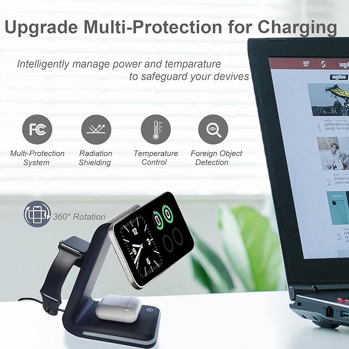 Magnetic Wireless Charger 3 in 1 Charging Station with Nightlight for Apple Magsafe iPhone 16/15/14/13/12 iWatch Series AirPods Charger Stand(15W Adapter)