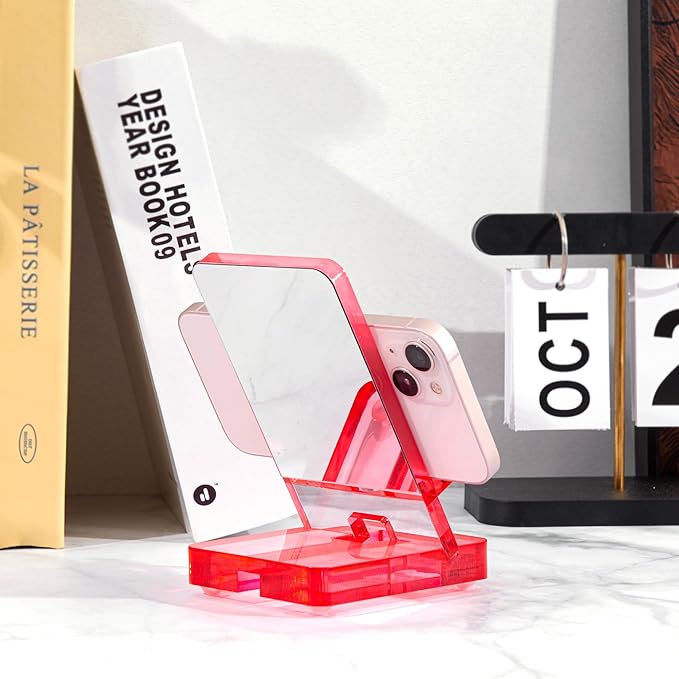 Removable Acrylic Desktop Cell Phone Holder with Flat Mirror (Pink)