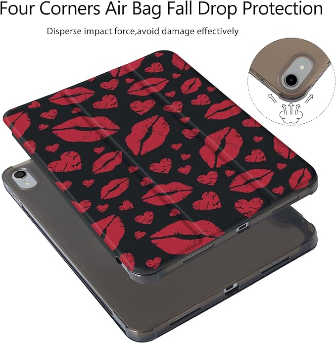 Red Lips Heart Case for iPad 10.2 Inch 9th/8th/7th Gen (2021/2020/2019)[Pencil Holder+Auto Sleep/Wake]Slim Trifold Stand Protective Cover with Soft TPU BackBlack