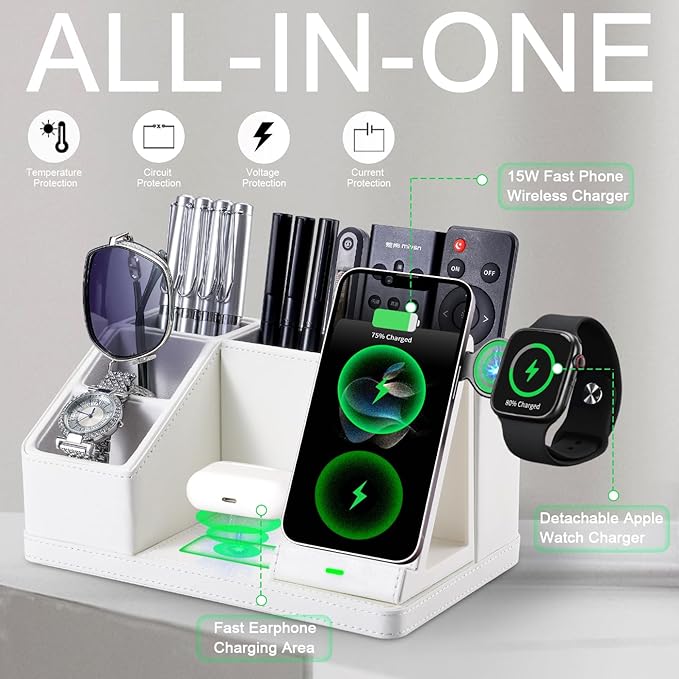 White Leather Desk Organizer with Wireless Charger – 3-in-1 Charging Station for Phone Watch &amp Earbuds 4-Compartment Remote &amp Office Supplies Caddy for Home Office Gifts for Women &amp Men