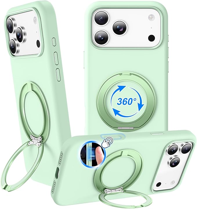 STERKER 360° Rotatable Stand Compatible with iPhone 17 Pro Case with Magnetic [Military Grade Drop Tested][Adjustable Kickstand] Ring Holder Silicone Slim Back Soft Edge Green
