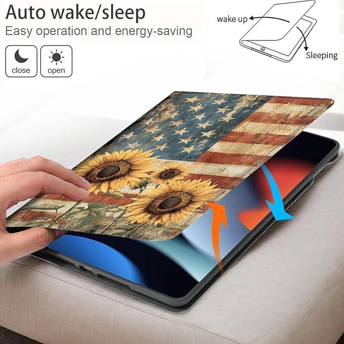 Bxgolkgd Tablet Case for iPad 9.7 Inch (2017/2018 Model5th/6th Generation)Shockproof Stand Cover with Heat DissipationAuto Wake/Sleep FunctionRetro Sunflowers with American Flag
