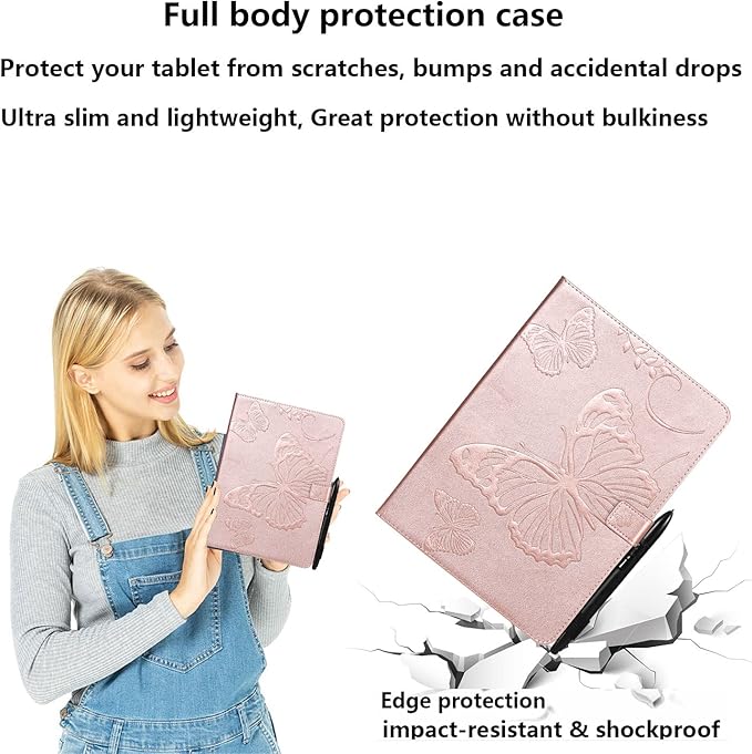 for Kindle Fire HD 10 &amp HD 10 Plus Case 13th/11th Generation 10.1 (2023/2021) Stand Embossed PU Leather Magnetic Wallet Cover with Pencil Holder/Pockets [Auto Wake/Sleep] Rosegold Butterfly