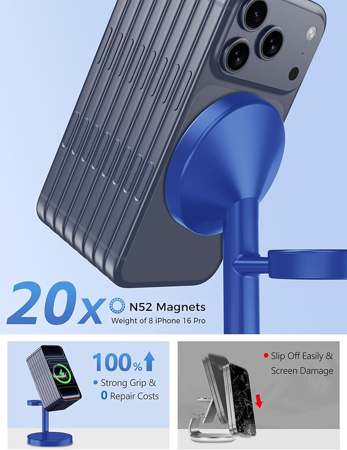 2026 3 in 1 Wireless Charging Station Compatible with MagSafe 15W Fast Magnetic Mag-Safe Charger Stand for Apple iPhone 17 16 15 14 13 12 iWatch AirPods Pro 4 3 2 Blue