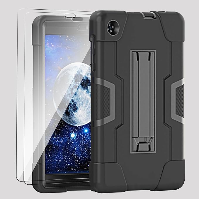 Case for for Alcatel Joy Tab 2 Tablet 8-inch 2020 Release (Model: 9032Z) - [Built-in Kickstand] Shockproof Silicone Protective Cover with Screen Protector (Black/Black/2 PCS)