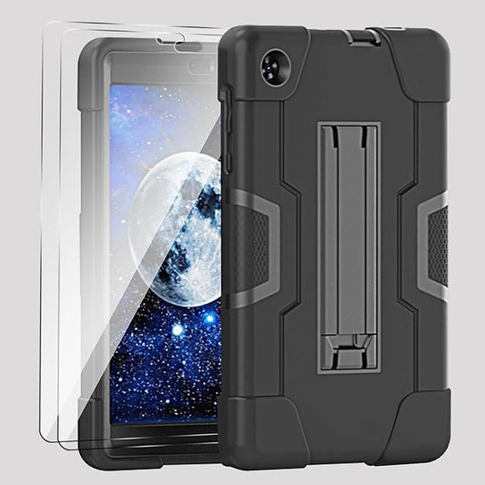 Case for for Alcatel Joy Tab 2 Tablet 8-inch 2020 Release (Model: 9032Z) - [Built-in Kickstand] Shockproof Silicone Protective Cover with Screen Protector (Black/Black/2 PCS)