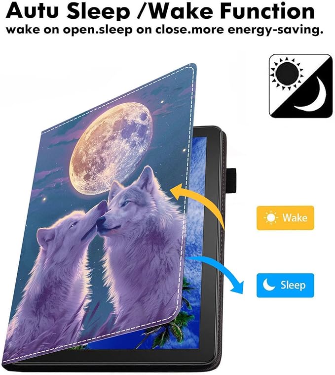 Case for Amazon Kindle Fire 7 Tablet (7 9th/7th Generation 2019/2017 Release) Slim PU Leather Cover with Card Slot &amp Auto Wake/Sleep White Wolf Under The Moon