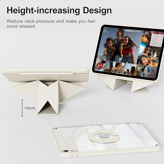 for iPad A16 Case 11th Generation 11 Inch 2025 for iPad 10th Generation Case 10.9 Inch 2022 with Pencil Holder Folio Stand Cover Clear Back Magnetic Attachment Multi Angles Cream White