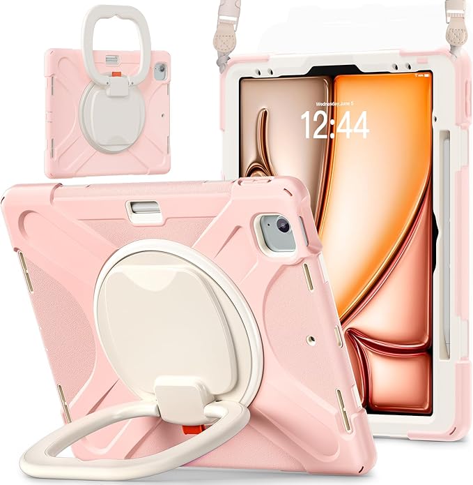 Batianda Case for iPad Air 13 inch 2025 M3 2024 M2 Chip Heavy Duty Rugged Durability Silicone Tablet Cover with 360° Rotating Ring Foldable Kickstand &amp Shoulder Strap Pink