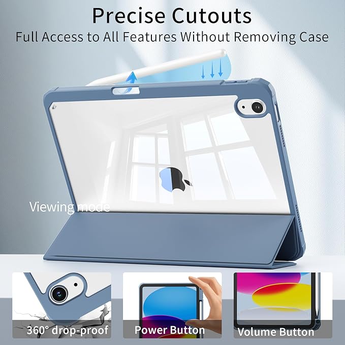 for iPad (A16) 11th Generation Case 11 Inch 2025 iPad 10th Generation Case 10.9 Inch 2022 with Pencil Holder Trifold Stand Protective Cover Hard PC Clear Back Auto Wake/Sleep Haze Blue