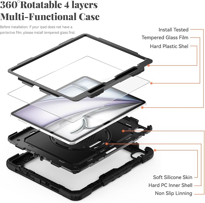 BLOSOMEET Protective Case for iPad Air 13 Inch M3 2025 &amp M2 2024 with Tempered Glass Screen Protector &amp Pencil HolderRugged Construction iPad Air 13 Cover with Stand Hand Shoulder Strap (Blac
